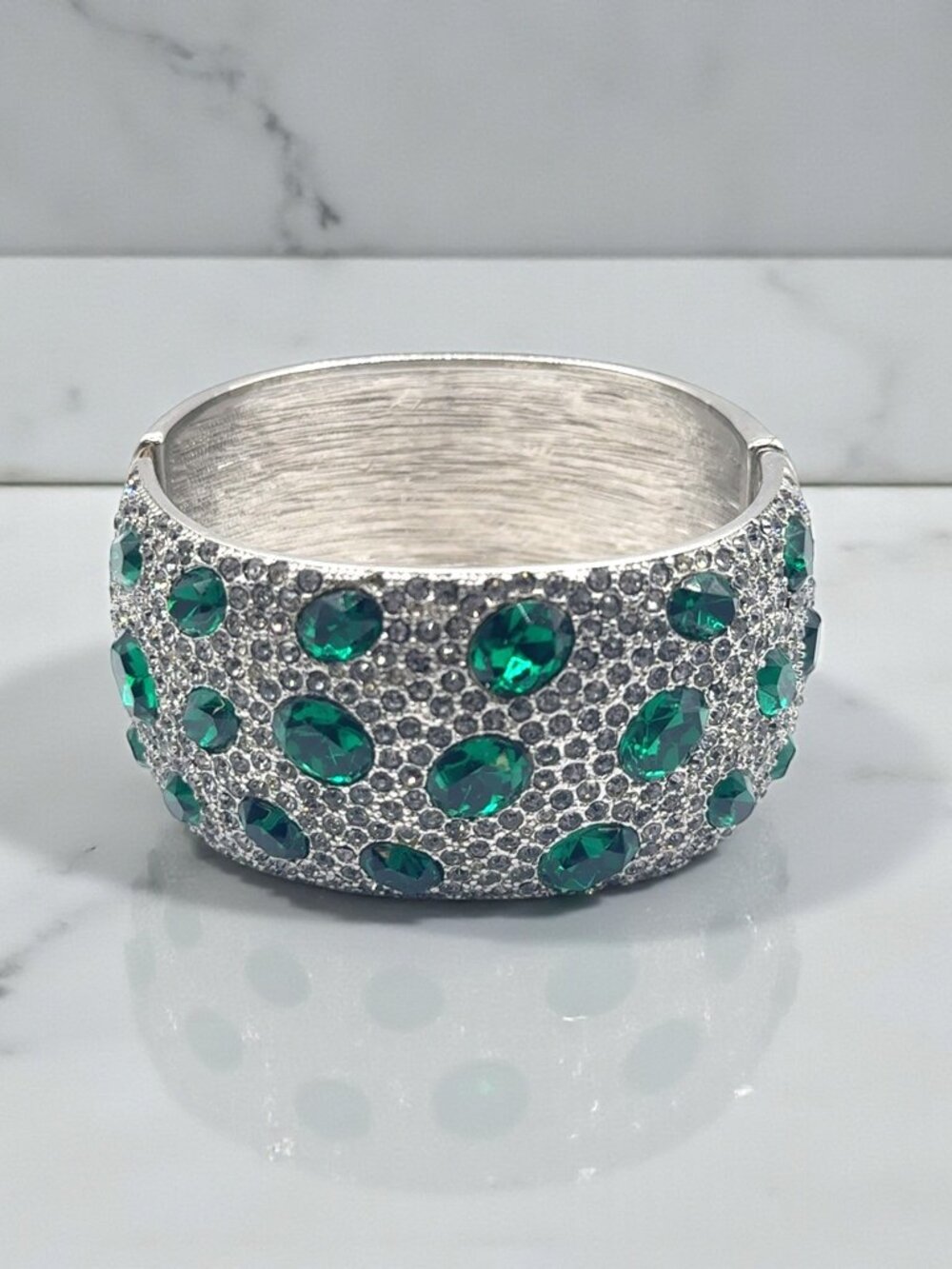 Silver-Tone Green Rhinestone Hinged Bangle Bracelet